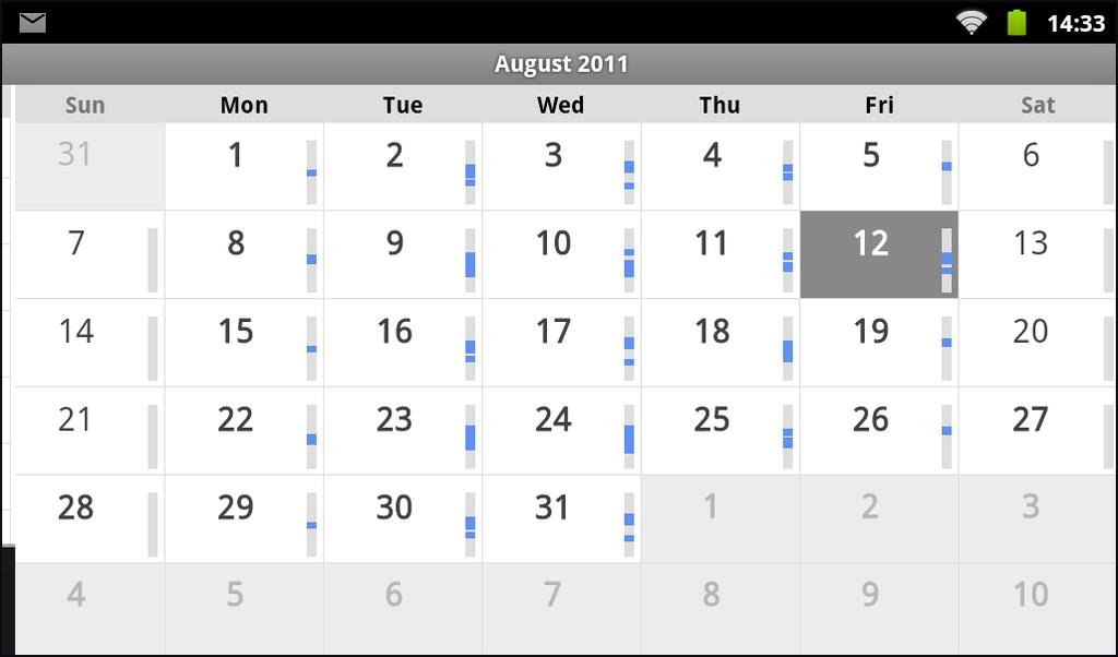 Touch and hold an event and then touch Delete event to delete the event. Month View Month view displays a chart of the events for the month.