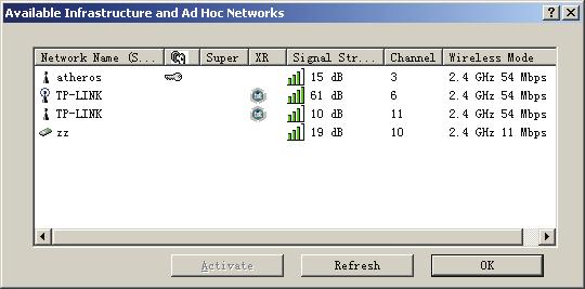 3.2.6 Scan Available Networks 1. Click Scan on the Profile Management, the Available Infrastructure and Ad Hoc Networks window will appear (shown in Figure 3-10). 2.