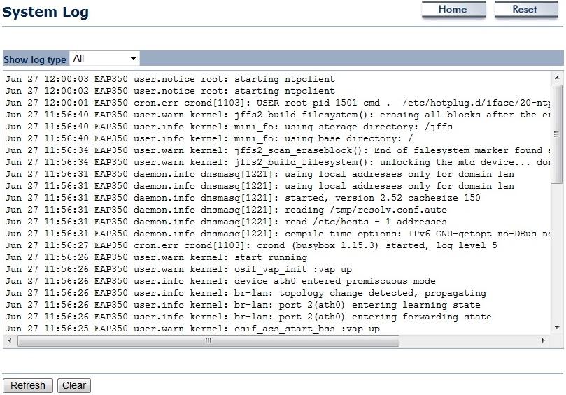 22 4.4 System Log The EAP350 automatically logs (records) the system events and actions of the EAP350. To view the logged information, click the System Log link under the Status menu.