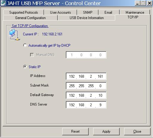 6. Click the button corresponding to your choice of IP setting method (static or dynamic using DHCP). When assigning a static IP address you also have to define Subnet Mask and Default Gateway.