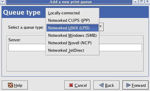 6. Fill in parameters for Queue type window: A. Networked Unix (LPD): Fill in the Server s IP address and queue name and then click the Forward button.