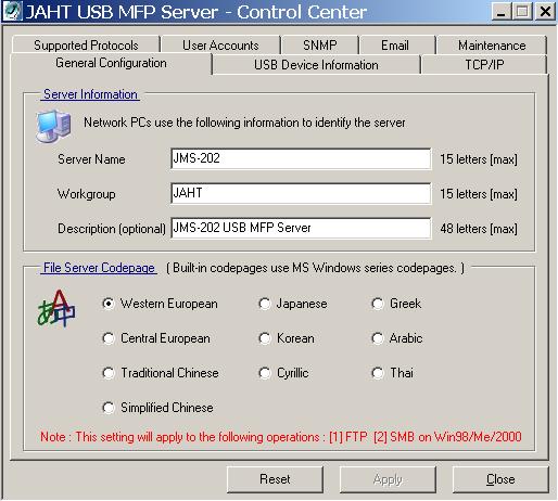 1. FTP 2. SMB on Windows 98/Me/2000 - Configuring the Server s Codepages Users can use the following methods to set the Server s codepage. A. Using Control Center 1.