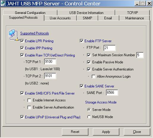 - SANE Port: set SANE server s TCP port (default: 6566) Enable UPnP (Universal Plug and Play): select or clear Enable UPnP support. It is enabled in Factory Default. Storage Access Mode 1.