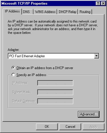 PC Configuration Figure 14: Windows NT4.0 - IP Address 3. Select the network card for your LAN. 4.