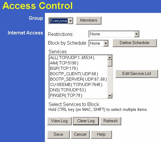 Broadband Router User Guide Access Control Screen To view this screen, select the Access Control link on the Advanced menu.