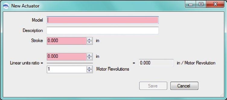 Clicking the New button, will bring up a New Actuator dialog in which the user must enter critical information about the actuator (see figure 6-4) 3.