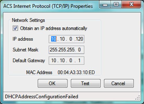 18 : E t h e r N e t / I P S e t u p t o o l Figure 18-5: Obtaining an IP address automatically If there is a problem and the ACS drive is unable to get an IP address from the DHCP