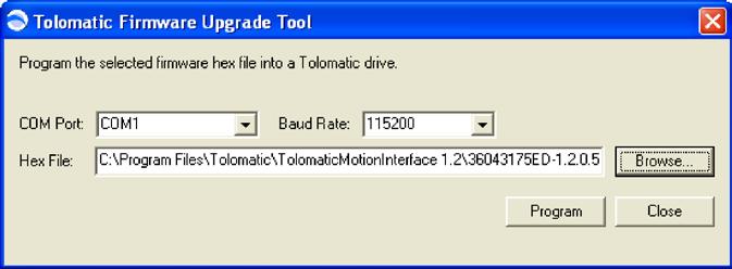 Appendix 3 Figure A3-2: Initial Upgrade Tool Window If Tolomatic has provided an alternate file to download, press Browse and navigate to that file.