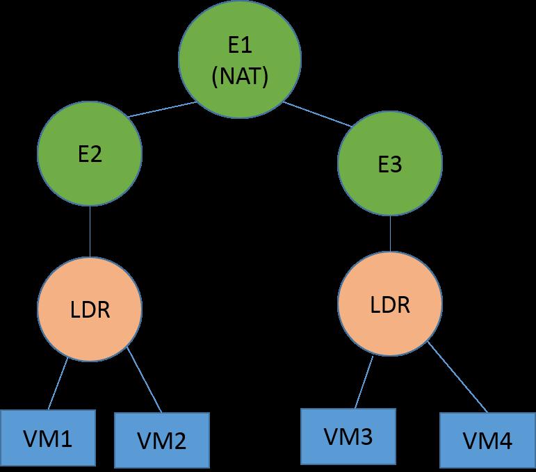Example 1 In the above topology, E2, E3, LDRs, VMs ( VM1, VM2, VM3, VM4) are part of NAT domain E1. Anything above E1 such as uplink of E1 is part of default NAT domain.