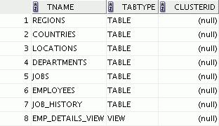 Tables in the Schema SELECT * FROM tab;