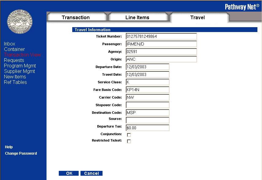 For travel, if there are multiple legs to an airfare you may select a View and then choose the Travel tab. Adjustments to accounting lines must be done from the Transaction tab. 4.