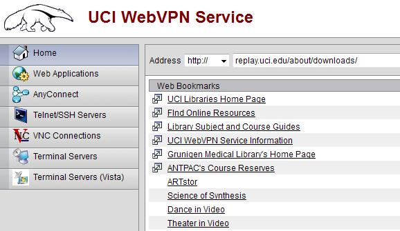 Log Into the UCI VPN Site (if you are accessing the site from off-campus) Start by going to this website: https://vpn.nacs.uci.edu/.