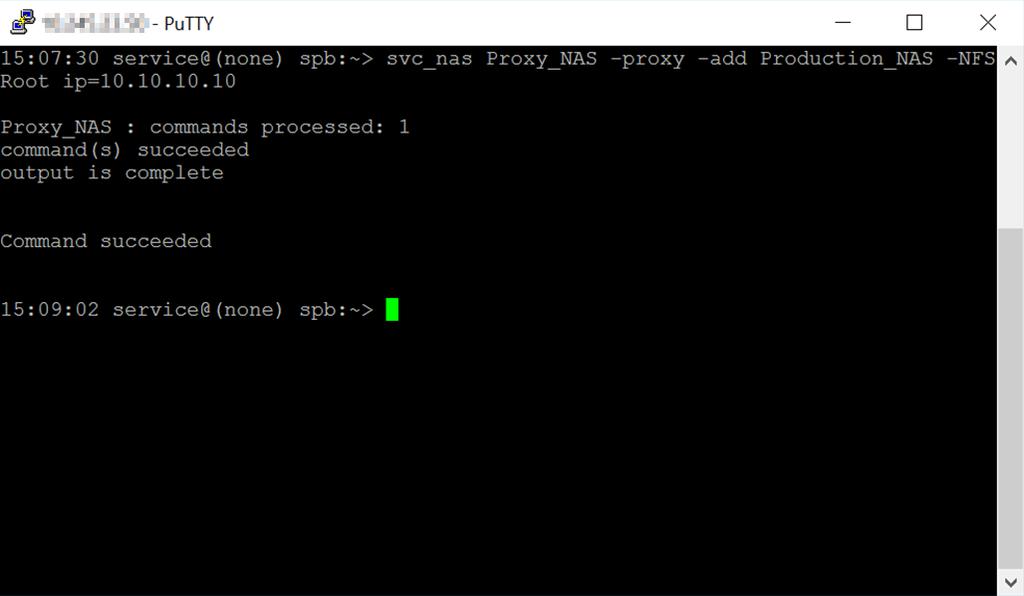 For example, run svc_nas Proxy_NAS -proxy -add Production_NAS -NFSRoot ip=10.10.10.10 to configure the proxy NAS server for NFS access.