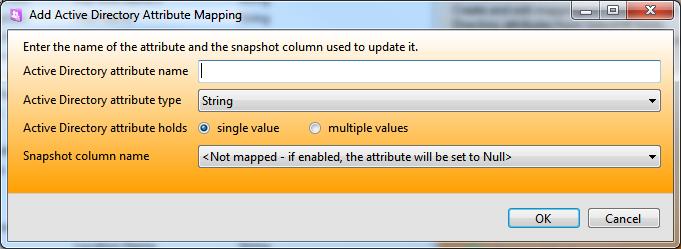 Adding New Mappings The Add mapping link opens the attribute dialog and requires an AD attribute name to be entered along with its data type and whether it can hold multiple values.
