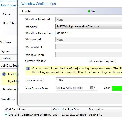Synchronisation Processing A pre-configured batch job ( SYSTEM Update Active Directory ) schedules a workflow of the same name to perform the AD synchronisation.