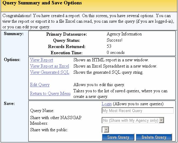 Query Summary and Save Options - Save Section Functionality Notes (See Figure 9):. Save Section This section shows the options associated with saving queries.