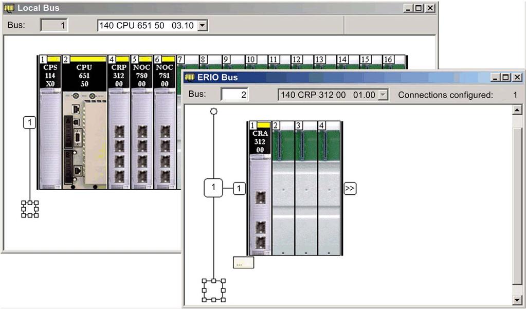 Configuration and Programming with Unity Pro The Unity Pro configuration now includes the remote rack window (EIO Bus).