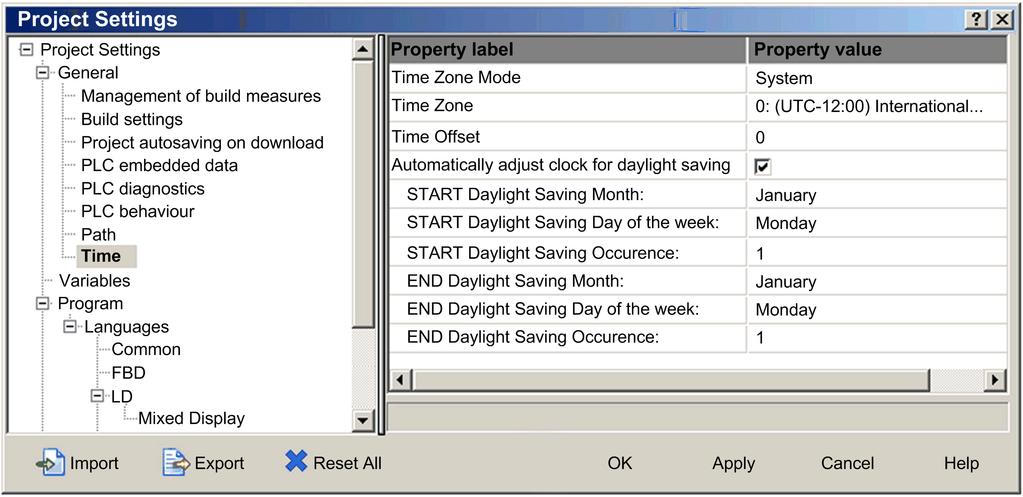 Configuration and Programming with Unity Pro Setting the Time Zone Set the time zone in the Project Settings window: Set the time zone: Step Action 1 In Unity Pro, select Tools Project Settings.