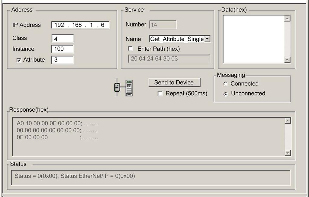 Explicit Messaging The EtherNet/IP Explicit Message Tab The EtherNet/IP Explicit Message window shows an example of the configuration of an EtherNet/IP explicit message and the response to the