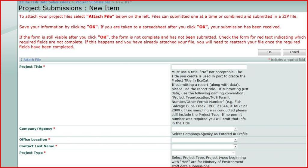 Figure 1.5 Complete a new project form for each project Figure 1.6 Indicate that your data submission is not associated with a provincial MOE scientific fish collection permit.