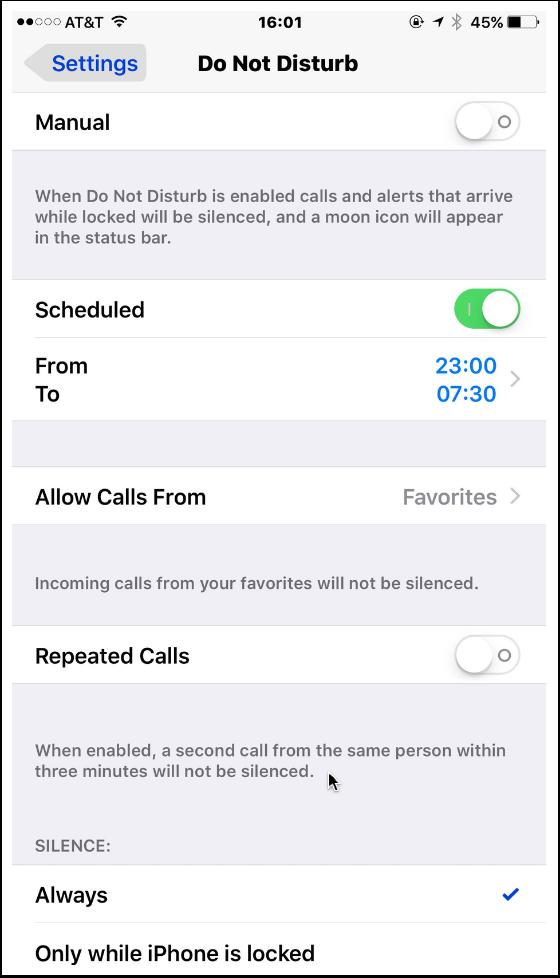 The top-most Manual control switch will allow you to instantly activate Do Not Disturb (as you can do directly by tapping the moon icon in the Control Center that you get by swiping up from the
