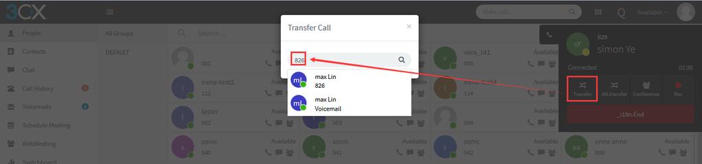 To Blind Transfer this call from the web client: 1. You can click the Transfer button when phone is talking 2.
