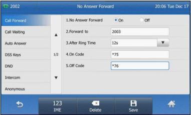 c. If you select No Answer Forward: i. Tap the On radio box of the No Answer Forward field. ii.