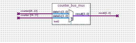 b. Draw a bus line from the result [3..0] output port to about 4 to 8 grid spaces to the right of counter_bus_mux. c. Right-click the bus line connected to data1x[3..0] and choose Properties. d. Name the bus counter[26.