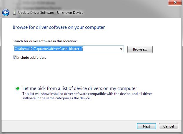 The driver is available within the Quartus II software. Hence, click Browse my computer for device software to get to Figure 1-6.