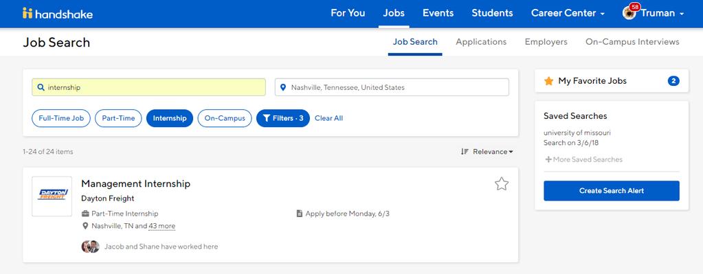 How do I search for jobs and internships? Start by clicking on Jobs in the top Navigation bar. You will be taken to the Job Postings page.