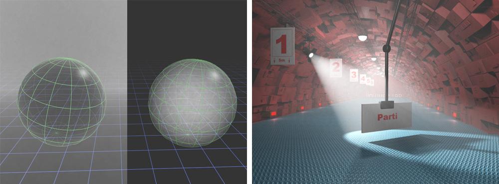Left: Only direct light used Right: Global Illumination used to add more realistic diffuse light effects. The volumetric effects, like mist, fog and smoke, are another powerful mental ray feature.