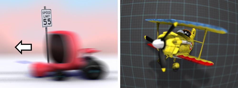 Left: Example of motion blur. Right: Example of depth of field and barrel camera distortion. But creating realistic effects is not the only thing that mental ray can do.