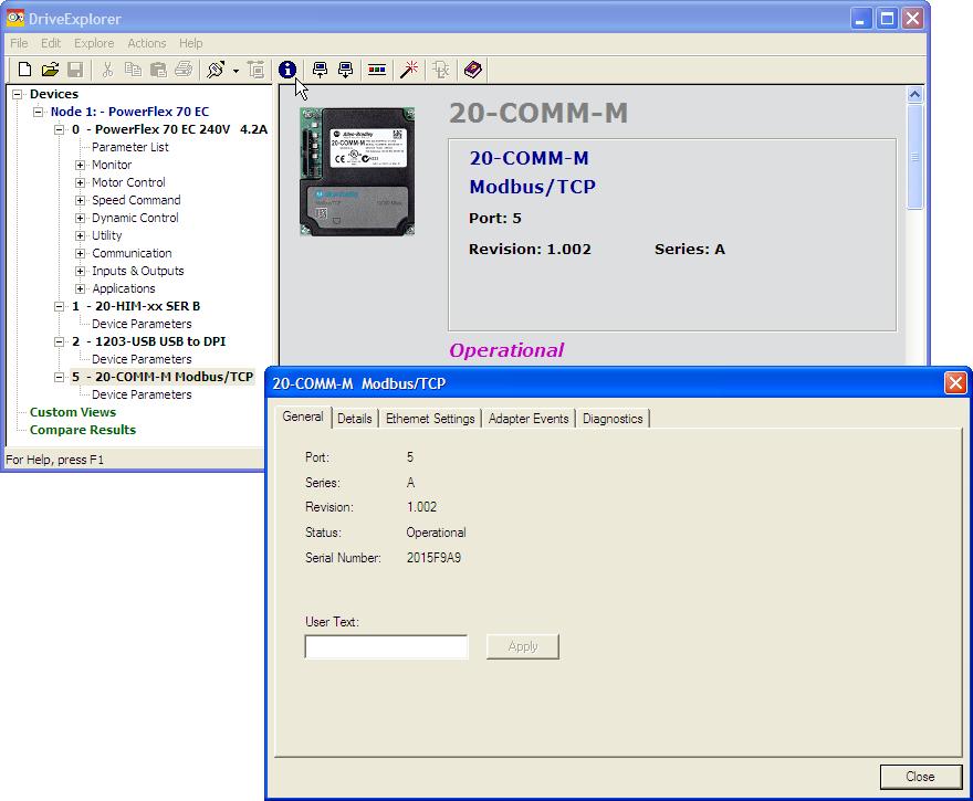 20-COMM-M Modbus/TCP Adapter Firmware v2.001 3 Using DriveExplorer Lite/Full 1. Launch DriveExplorer and go online (via 1203-USB or 1203-SSS converter) with the drive that is connected to the adapter.