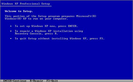 Installing Windows XP 25 With Windows XP you will proceed through the following set of screens: Welcome to Setup screen is shown first.