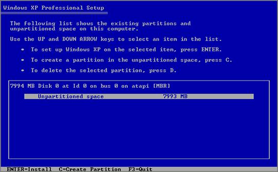 Installing Windows XP 26 In the lower part of the following screen, the Setup displays the list of hard disks and