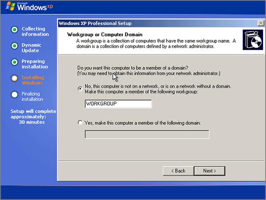 Installing Windows XP 28 On the next several screens you will be asked to enter a computer name and administrator password, select your date and time zone, specify your network setting (we recommend