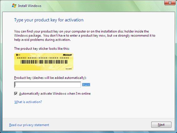 Installing Windows Vista 35 Type your activation key in the following screen.