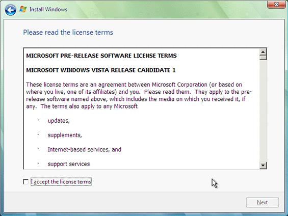 Installing Windows Vista 36 Read the vendor license