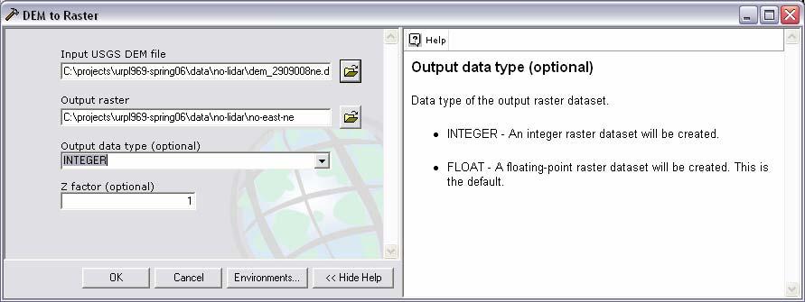 In the DEM to Raster dialog box, make the following choices: Input USGS DEM file: dem_2909008ne.dem Output raster: no-east-ne Output data type: Integer Click OK and close the window when complete.