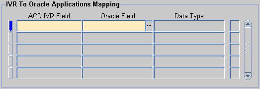 Setting Up Oracle Telephony Manager Call Center Administration Window: IVR Mapping Tab 4. For each piece of IVR data that you want to map to a field in Oracle Applications, do the following: a.