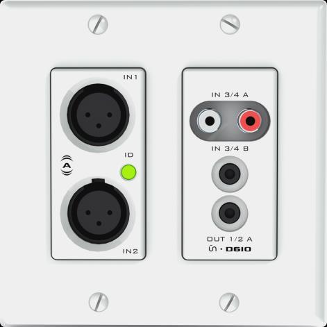 1 Overview The Dante Audio interface is 4x2 Dante multi-i/o wall plate interfaces designed for in-wall installation into 2- gang US junction boxes.