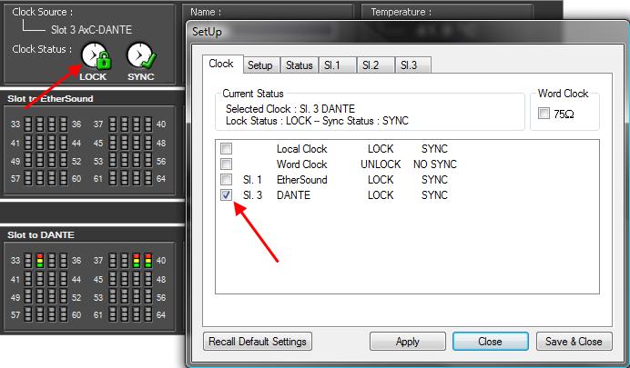 7.3 Clock Setup There are two ways to configure audio clock inside your Audio Toolbox: - Audio Toolbox is slave, and receive audio clock from Dante network - Audio Toolbox is master, and will feed