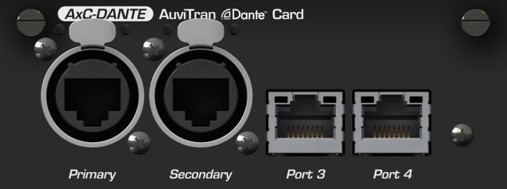 5 FRONT PANEL / WIRING AxC-DANTE front panel AxC-DANTE card provides 4 Giga-Ethernet ports that allow various architecture possibilities. Two modes are available, with their own wiring restrictions.