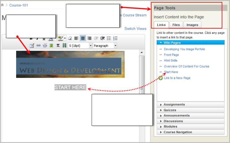 7. To add links within the course, use the Page Tools menu to the right. All of the images, files and content pages that you have added to the course will be available here.