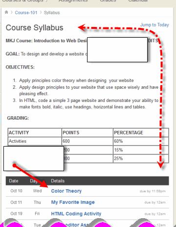 Assignment List with Syllabus Syllabus here The Syllabus view lets you write a description of course expectations or introduce the course with links, images, etc.
