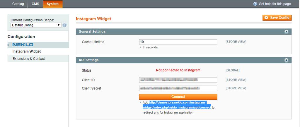 Extension Settings Please remember that your Instagram Developer account should be opened in same browser before you ll start connecting Magento with Instagram 1.