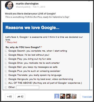 Adding presentations, spreadsheets, forms etc to a Google Plus post You can use an embedded link to bring up a presentation, a Google form, a spreadsheet, a