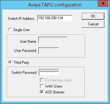 The Avaya TAPI2 configuration screen is displayed. For Switch IP Address, enter the IP address of IP Office.
