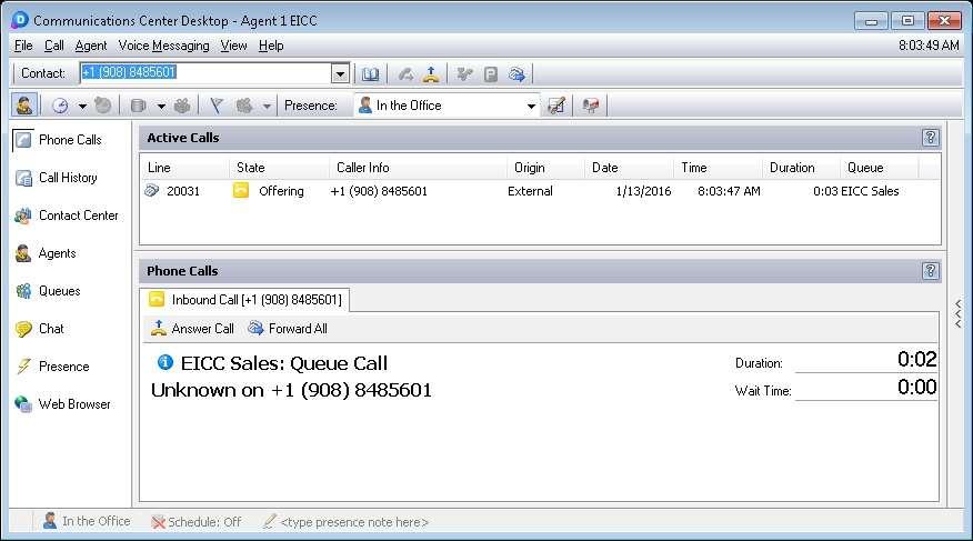 Make an incoming call from PSTN to the EICC Sales group, with available agent 20031.