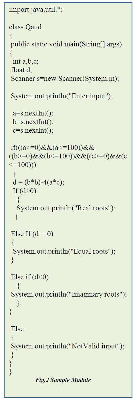 determination of number of branches. Also in our sample module, four test requirements exist that are: 1. If (d>0): Real Roots 2. If (d=0): Equal Roots 3. If (d<0): Imaginary Roots 4.